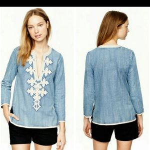 J Crew Chambray Embroidered Tunic Top